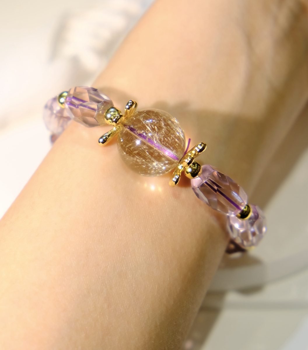 17.5mm Amethyst Faceted Bracelet with Rutilated Quartz - Image 4