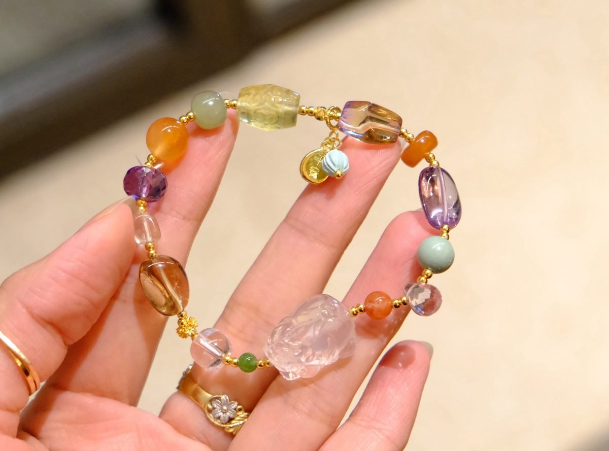 8-12mm 7 Chakra Balancing Bracelet with Rose Quartz & Amethyst - Image 3