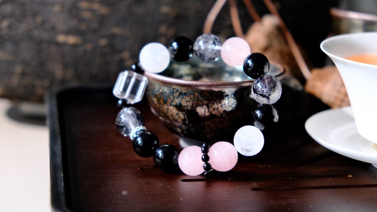 13mm Rose Quartz Bracelet with Black Obsidian & Clear Quartz