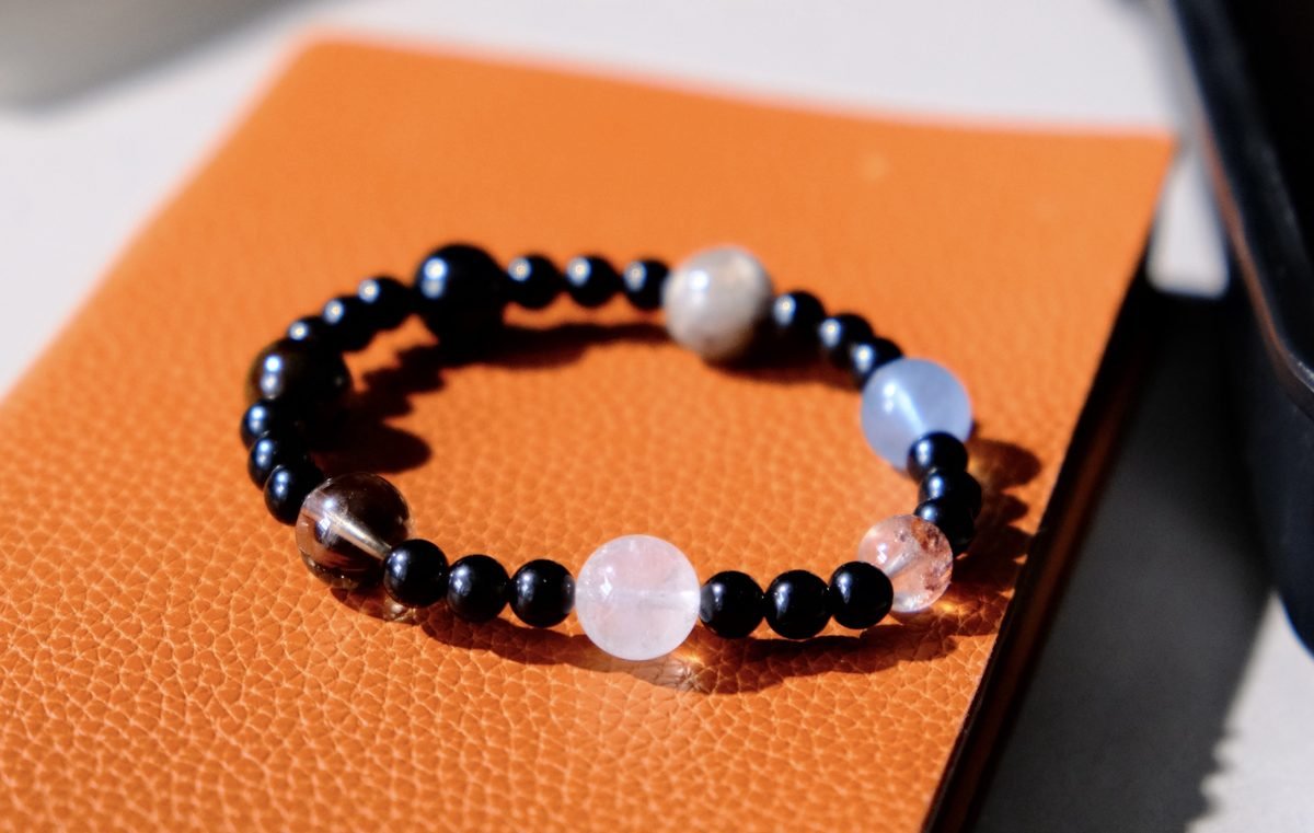 6mm Black Obsidian Bracelet with Smoky Quartz & Aquamarine