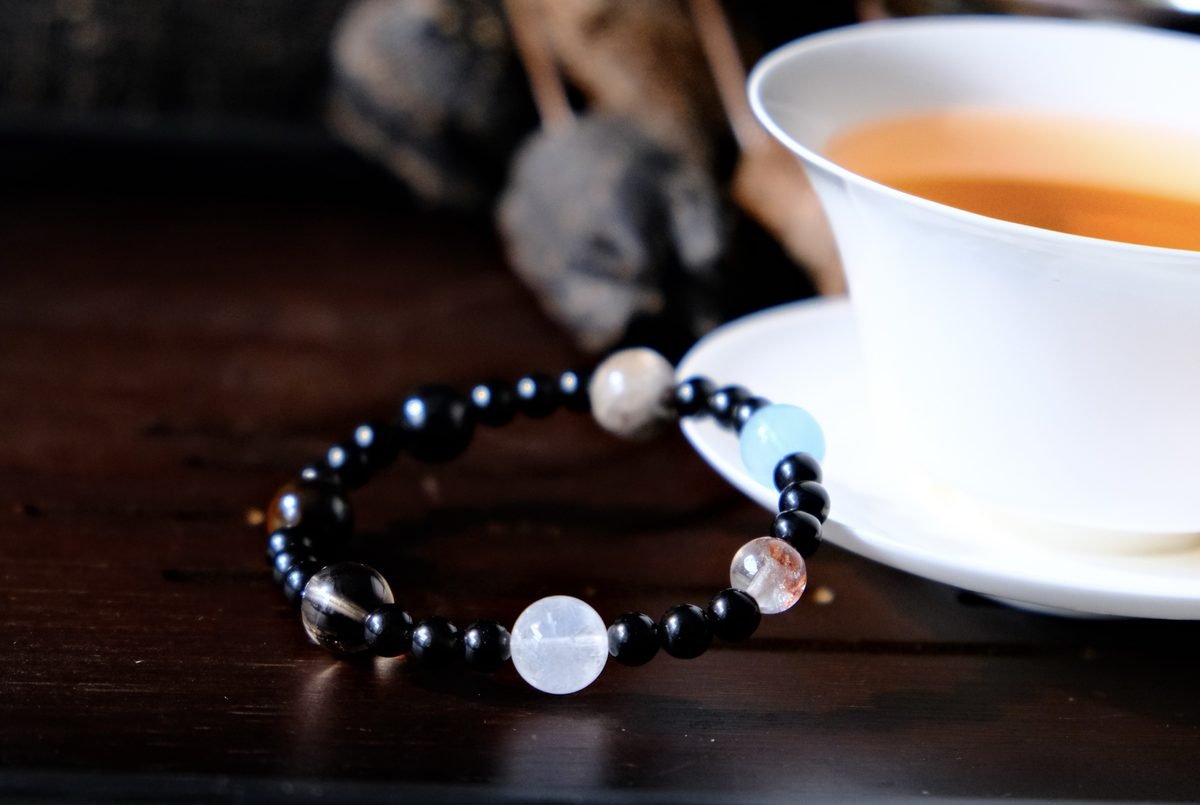 6mm Black Obsidian Bracelet with Smoky Quartz & Aquamarine - Image 2