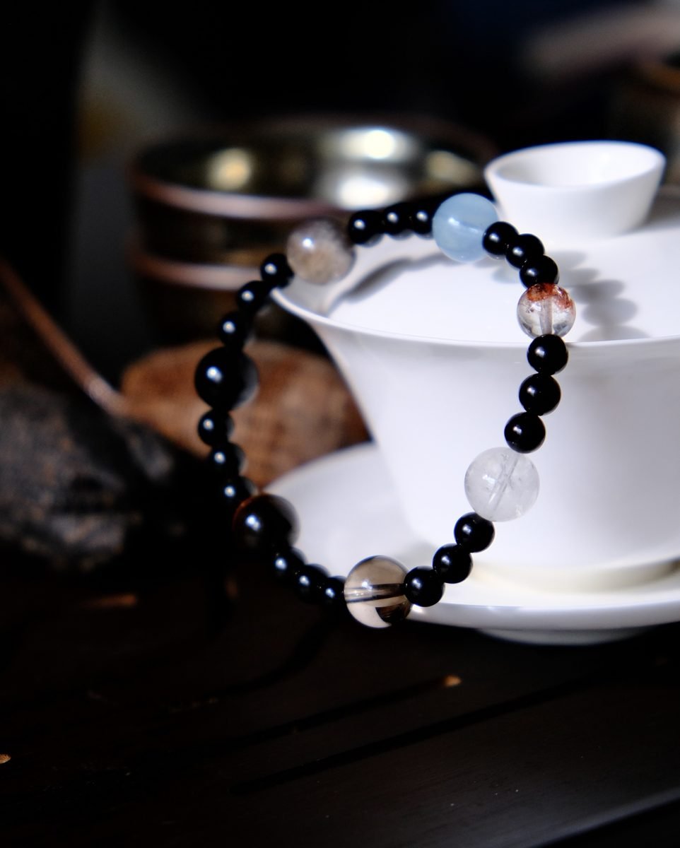 6mm Black Obsidian Bracelet with Smoky Quartz & Aquamarine - Image 3