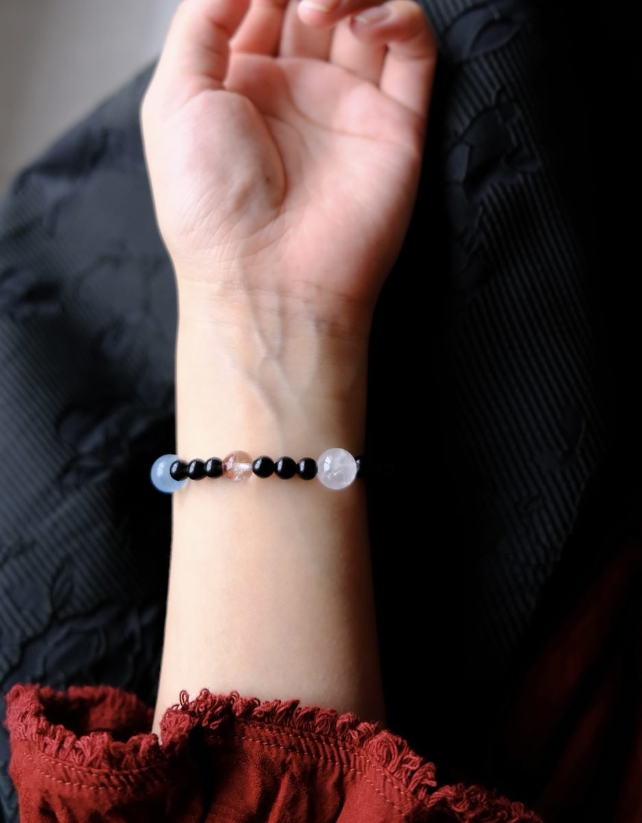 6mm Black Obsidian Bracelet with Smoky Quartz & Aquamarine - Image 4