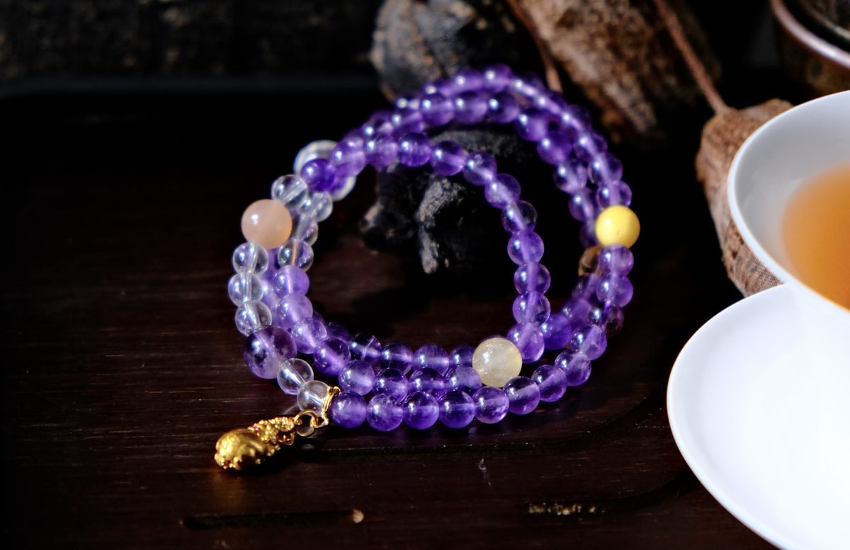 6mm Amethyst Bracelet with Clear Quartz & Rutilated Quartz