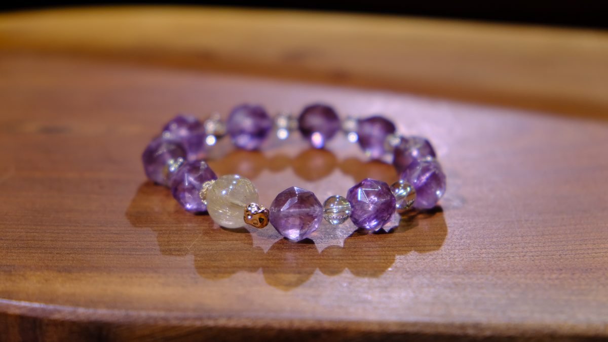 10-12mm Amethyst Faceted Bracelet with Clear Quartz & Rutilated Quartz