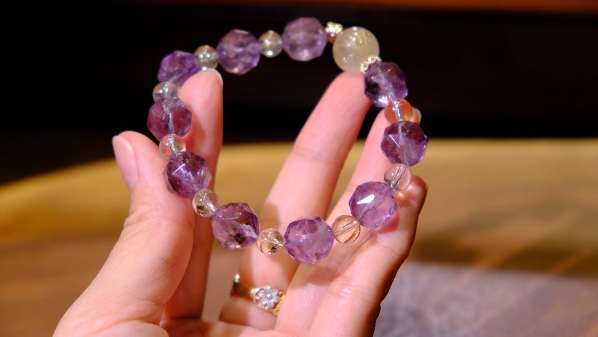 10-12mm Amethyst Faceted Bracelet with Clear Quartz & Rutilated Quartz - Image 2