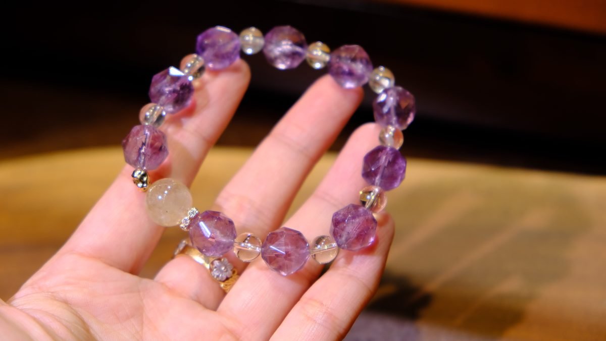 10-12mm Amethyst Faceted Bracelet with Clear Quartz & Rutilated Quartz - Image 3