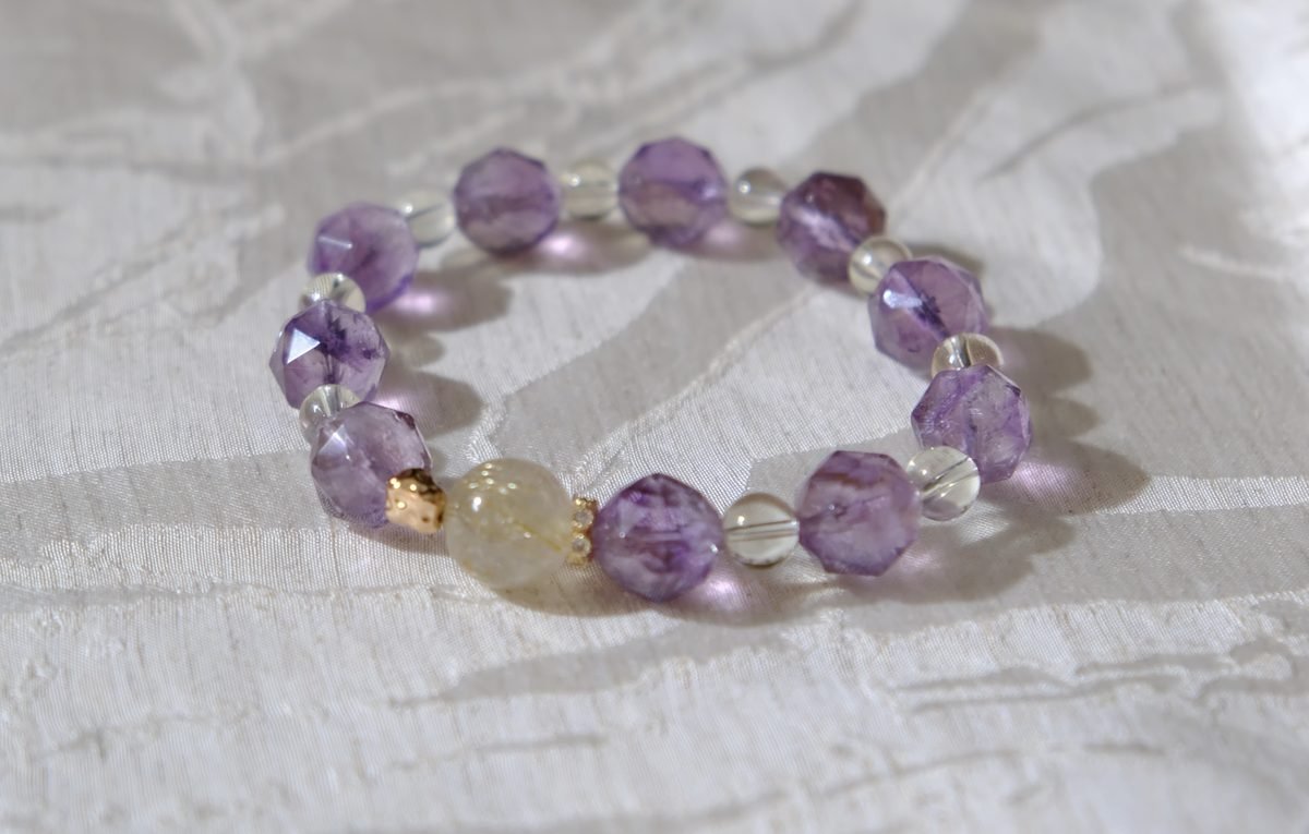 10-12mm Amethyst Faceted Bracelet with Clear Quartz & Rutilated Quartz - Image 5