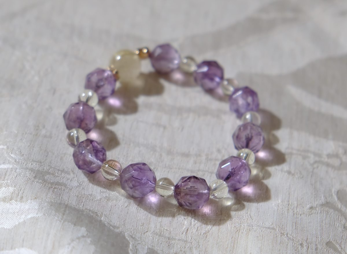 10-12mm Amethyst Faceted Bracelet with Clear Quartz & Rutilated Quartz - Image 6