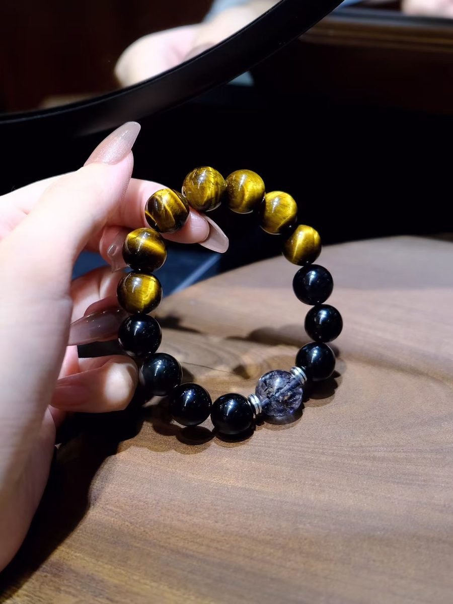 12mm Citrine Bracelet with Black Obsidian & Tiger Eye