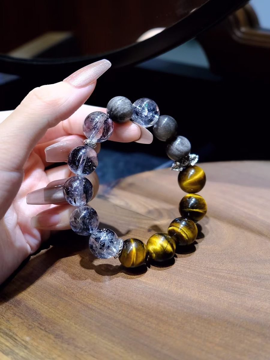 12mm Black Obsidian Bracelet with Tiger Eye — Ref. 00901