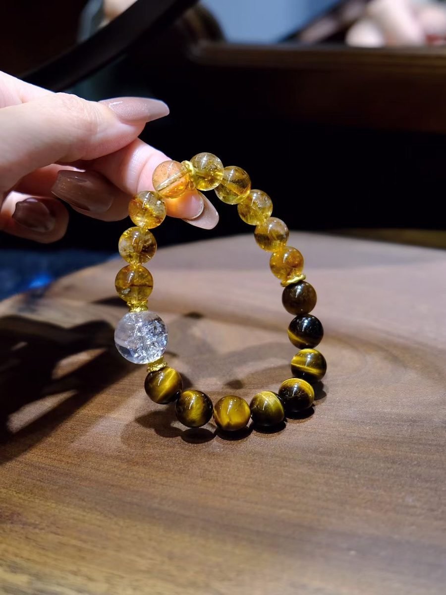 10mm Citrine Bracelet with Clear Quartz & Tiger Eye — Ref. 00936
