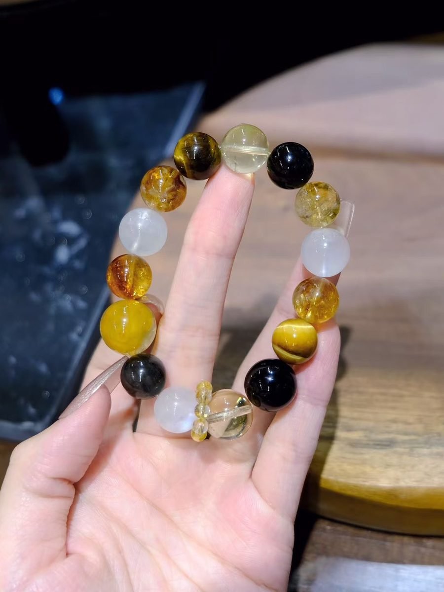 Citrine Bracelet with Rainbow Moonstone & Black Obsidian