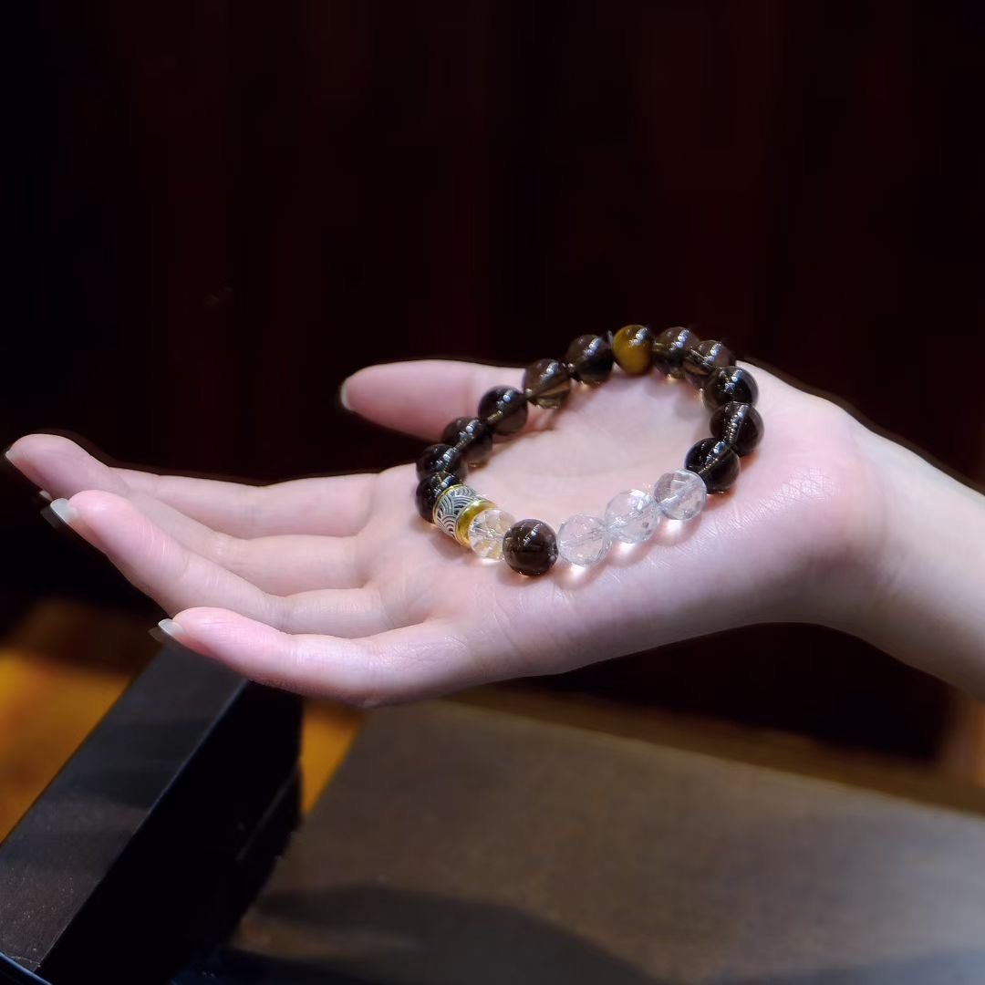 10mm Citrine Faceted Bracelet with Smoky Quartz & Clear Quartz