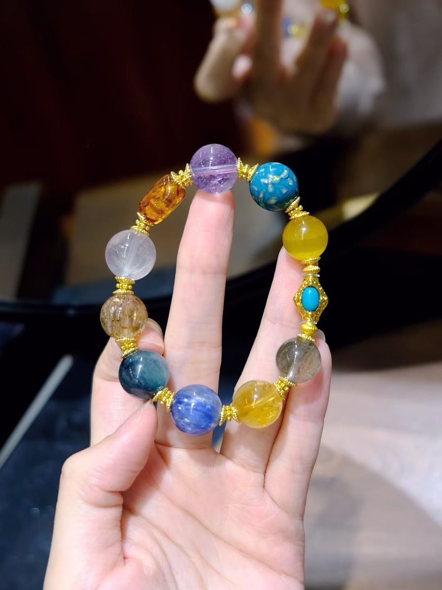 13-14mm 7 Chakra Balancing Bracelet with Green Phantom Quartz & Rose Quartz