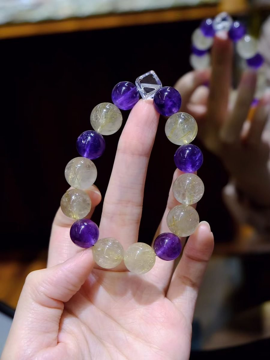 12mm Amethyst Bracelet with Rutilated Quartz