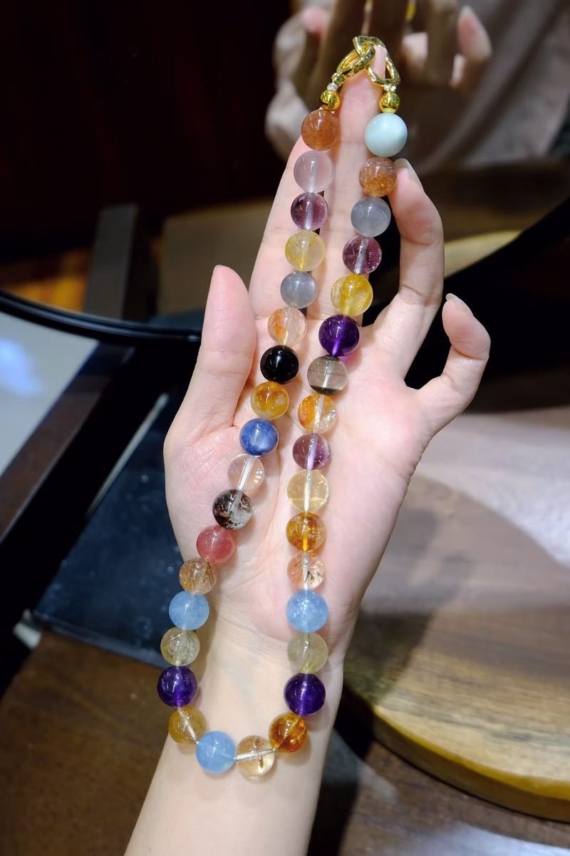11-12mm 7 Chakra Balancing Necklace with Citrine & Green Phantom Quartz