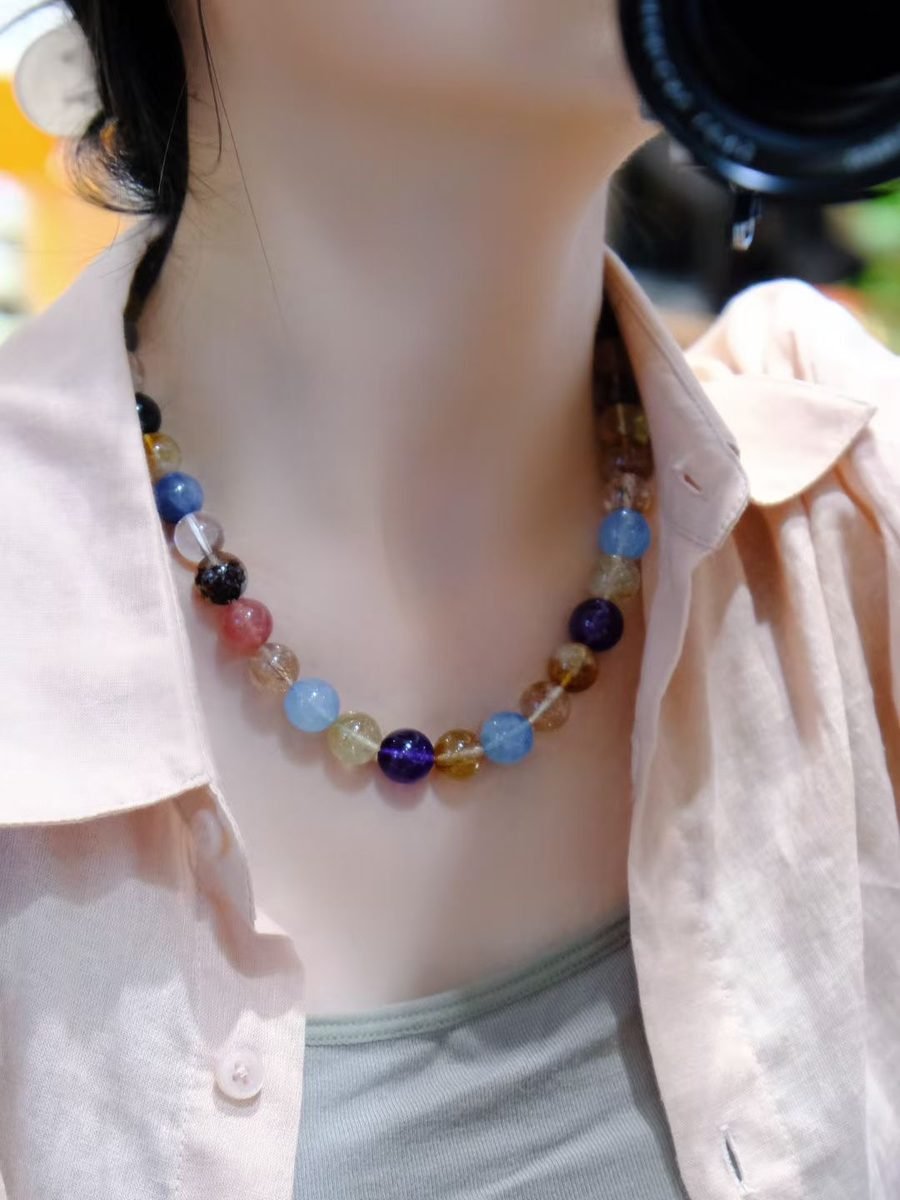 11-12mm 7 Chakra Balancing Necklace with Citrine & Green Phantom Quartz - Image 3