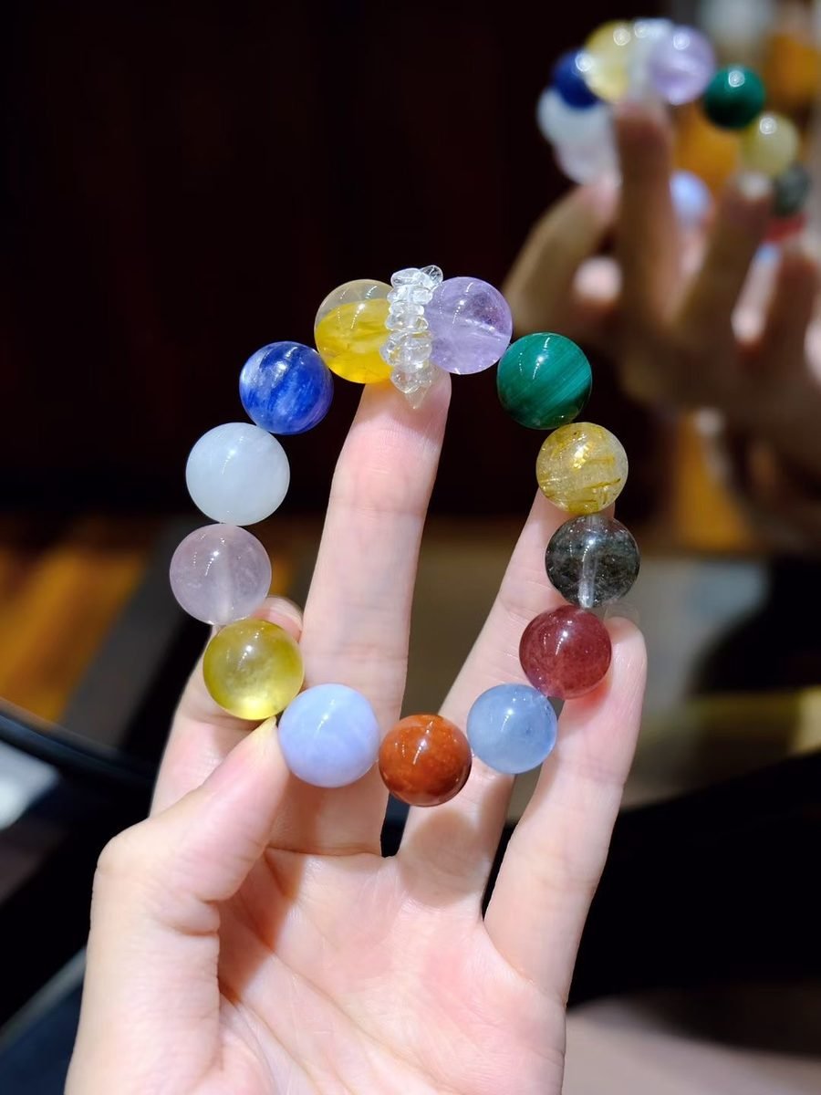 12-14mm 7 Chakra Balancing Bracelet with Red Agate & Aquamarine