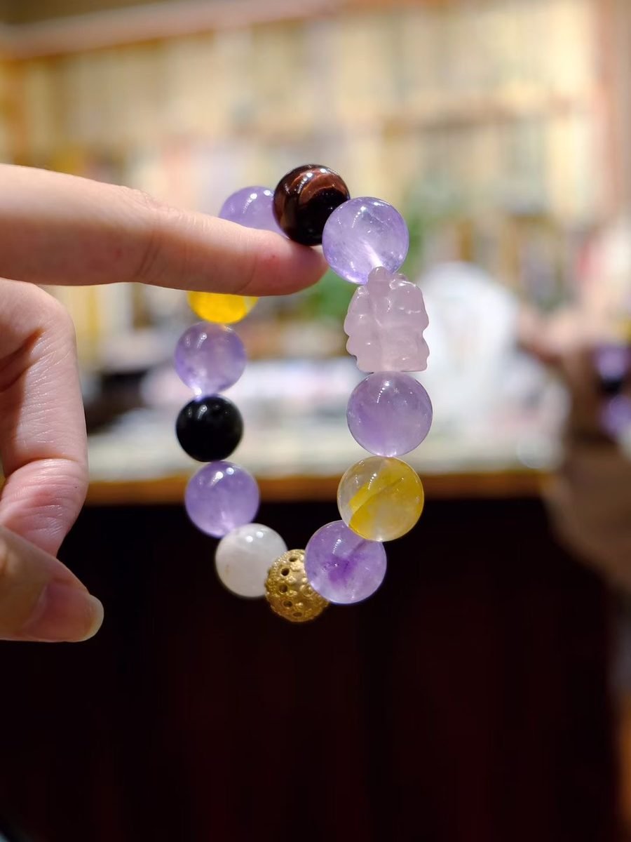 14mm 7 Chakra Balancing Bracelet with Rose Quartz & Amethyst — Ref. 00984