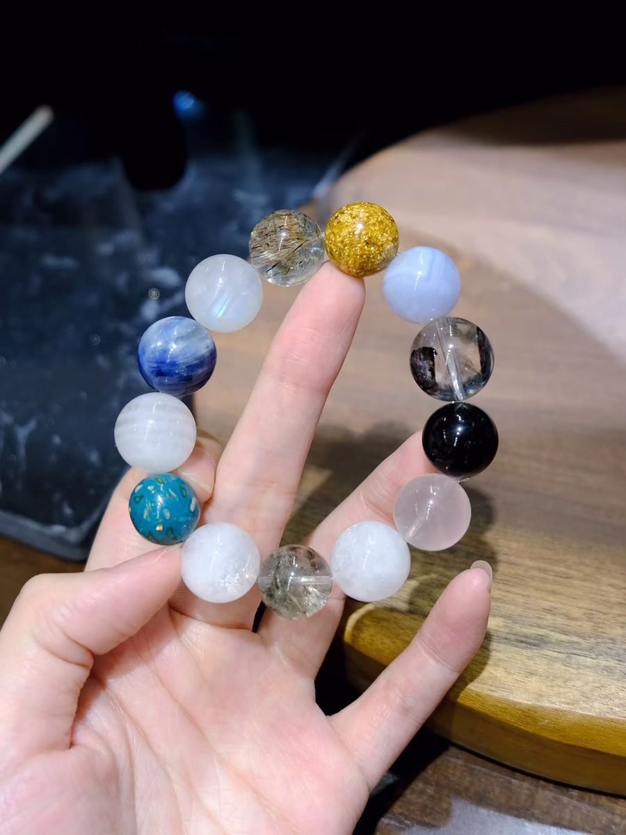 13-16mm 7 Chakra Balancing Bracelet with Green Phantom Quartz & Rainbow Moonstone