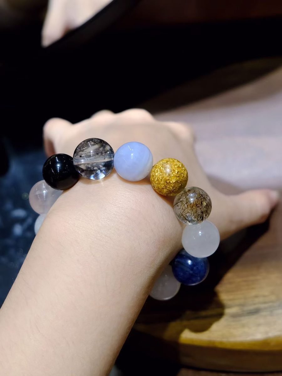 13-16mm 7 Chakra Balancing Bracelet with Green Phantom Quartz & Rainbow Moonstone - Image 3