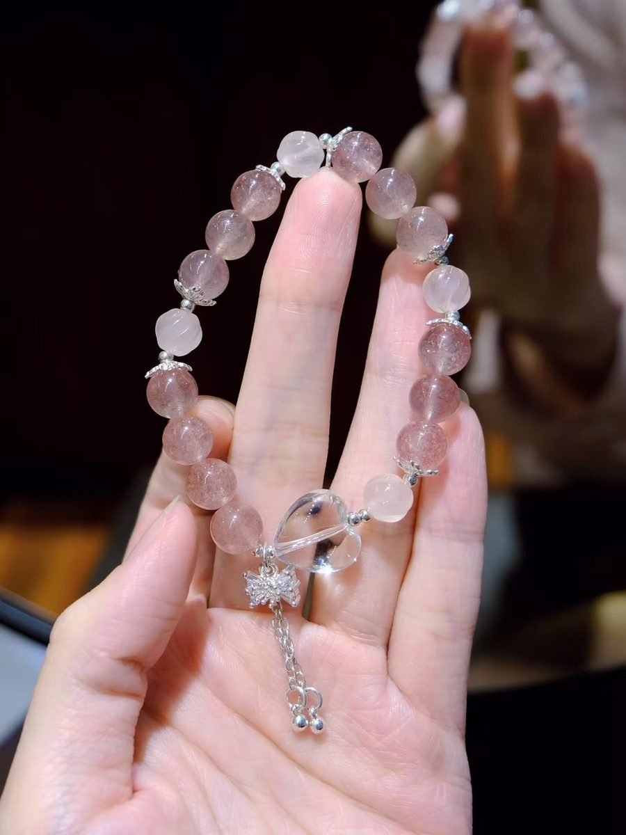 7mm Rose Quartz Bracelet with Clear Quartz & Strawberry Quartz
