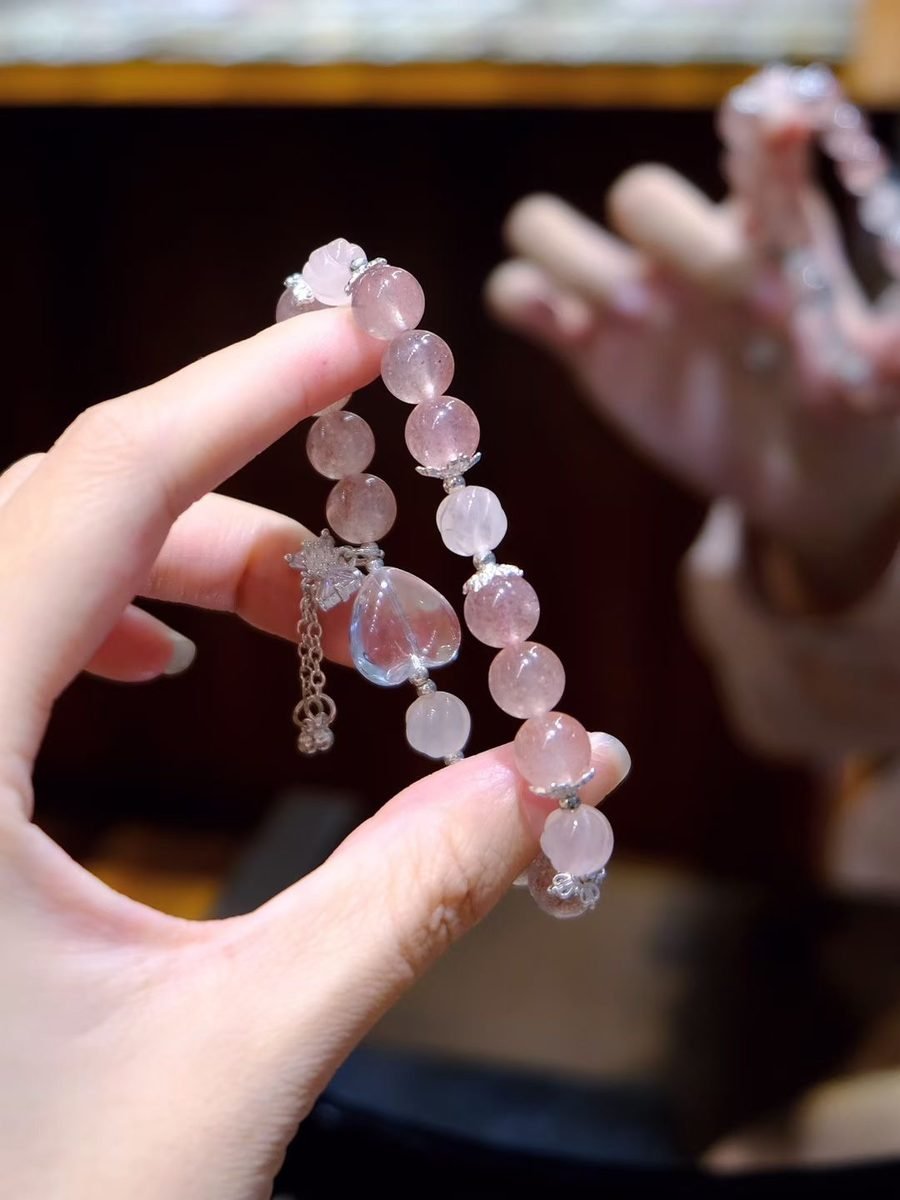 7mm Rose Quartz Bracelet with Clear Quartz & Strawberry Quartz - Image 2