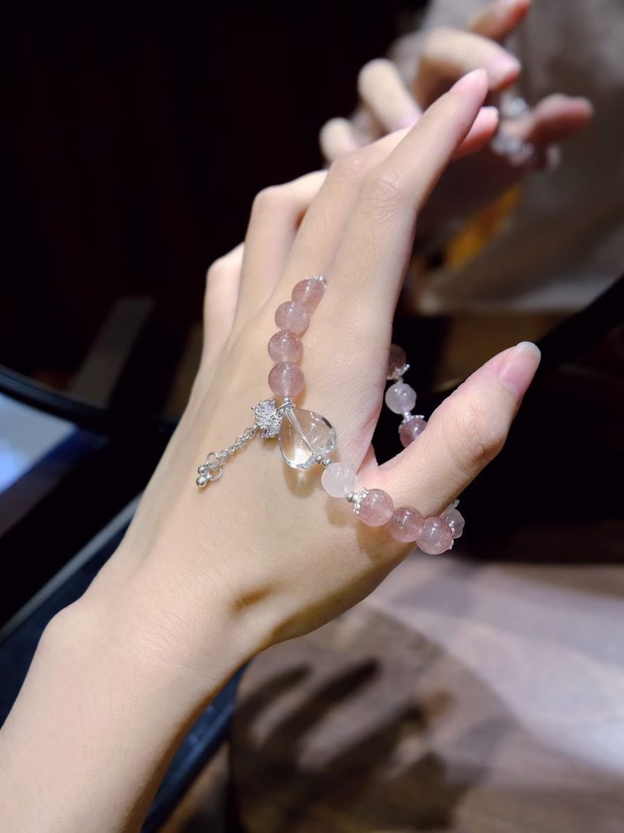 7mm Rose Quartz Bracelet with Clear Quartz & Strawberry Quartz - Image 4