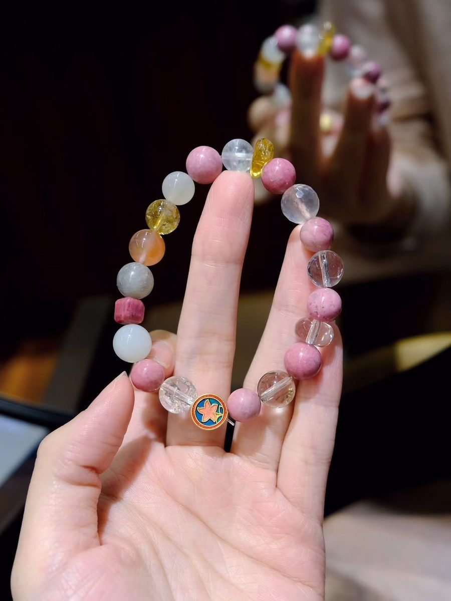 7-10mm Rainbow Moonstone Bracelet with Clear Quartz & Rutilated Quartz
