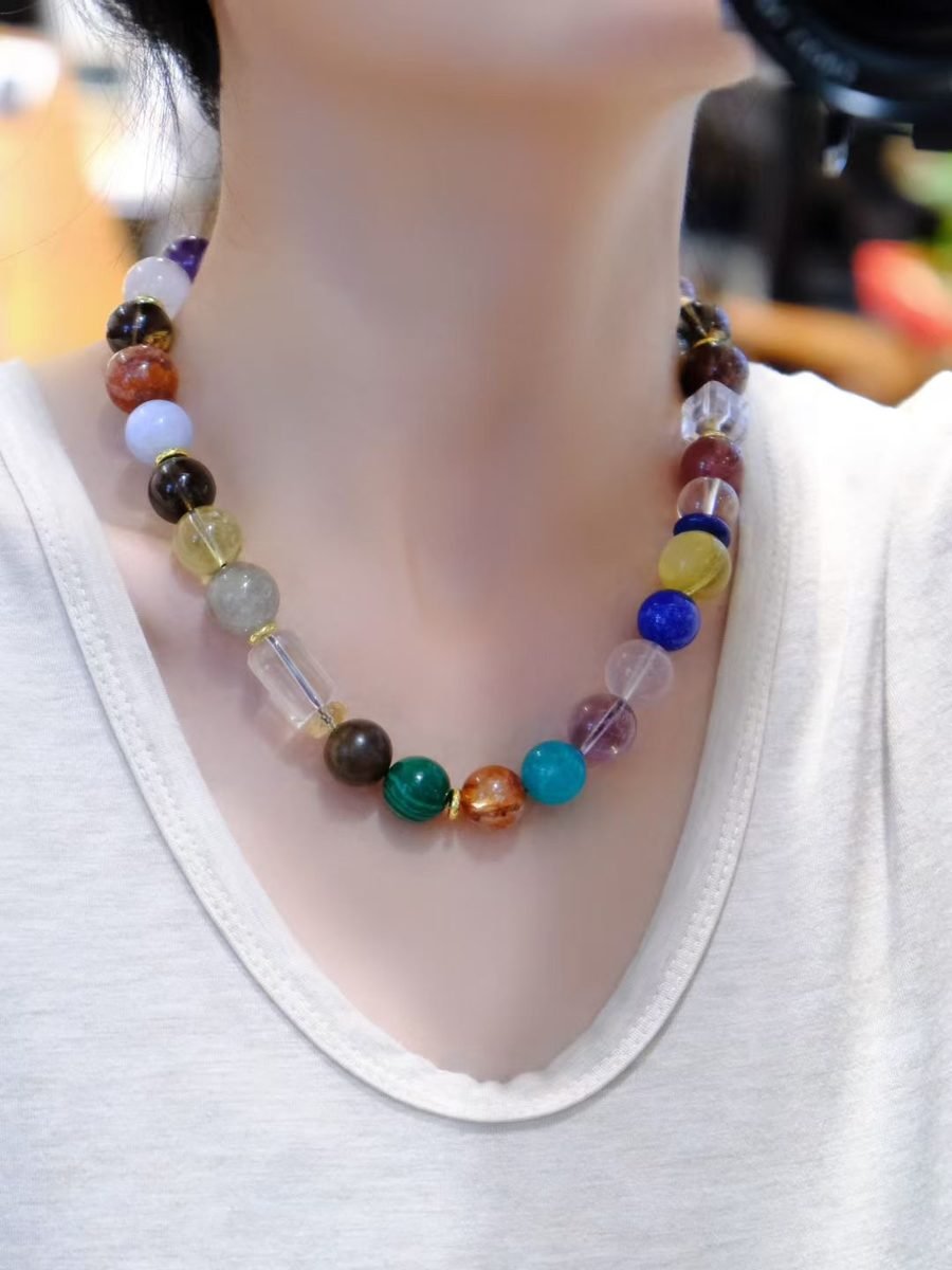 13-15mm 7 Chakra Balancing Necklace with Rose Quartz & Amethyst - Image 3