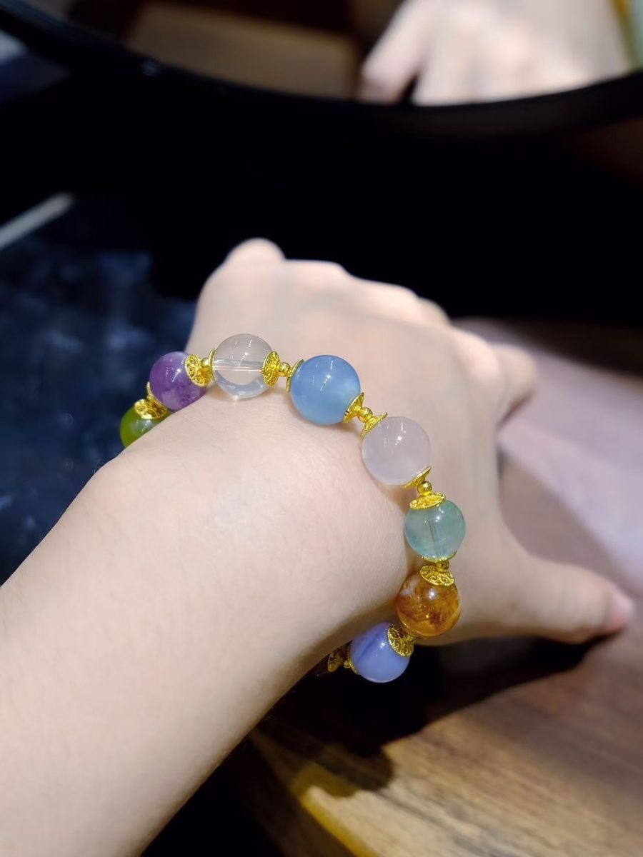 8-11mm 7 Chakra Balancing Bracelet with Rose Quartz & Amethyst - Image 5