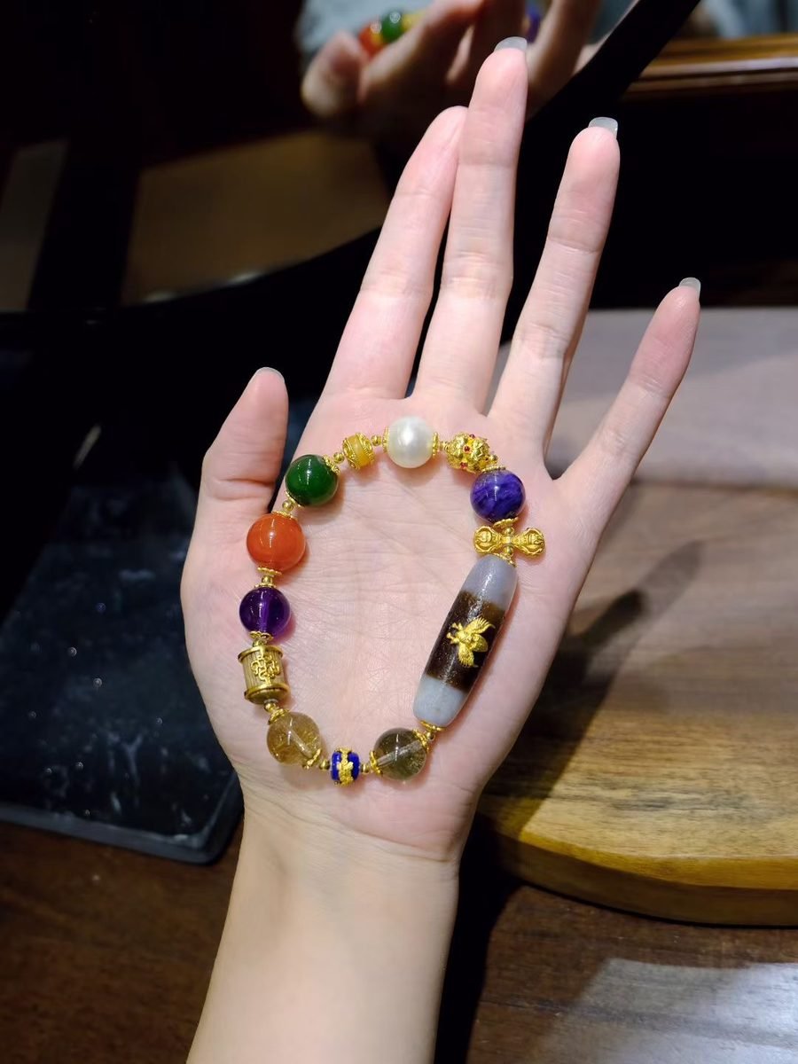 11-13mm 7 Chakra Balancing Bracelet with Amethyst & Green Phantom Quartz