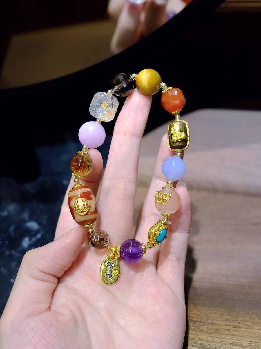 9-12mm 7 Chakra Balancing Bracelet with Amethyst & Smoky Quartz