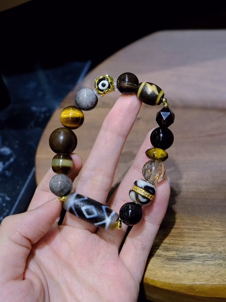 10-14mm 7 Chakra Balancing Bracelet with Black Obsidian & Smoky Quartz