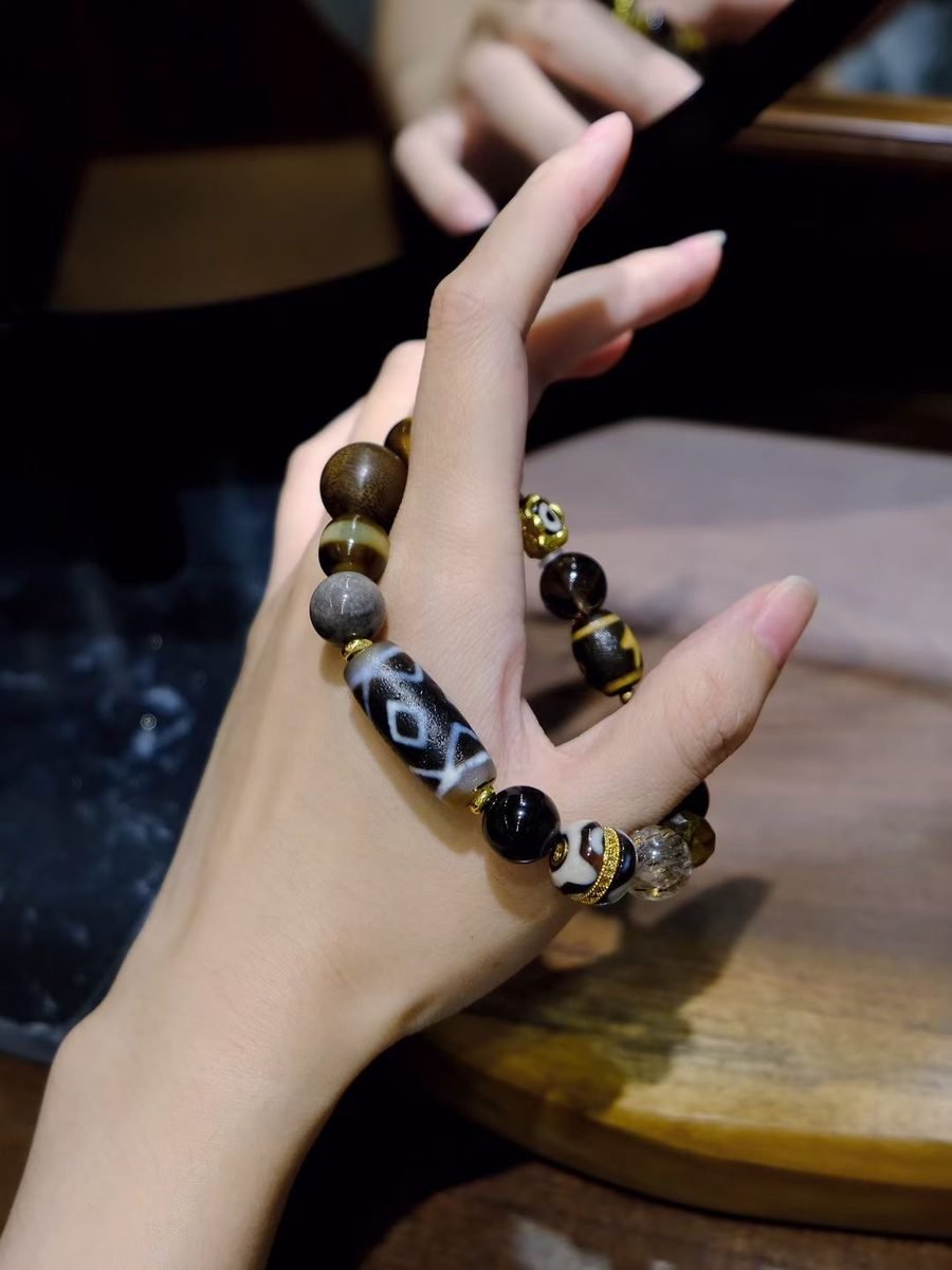 10-14mm 7 Chakra Balancing Bracelet with Black Obsidian & Smoky Quartz - Image 2