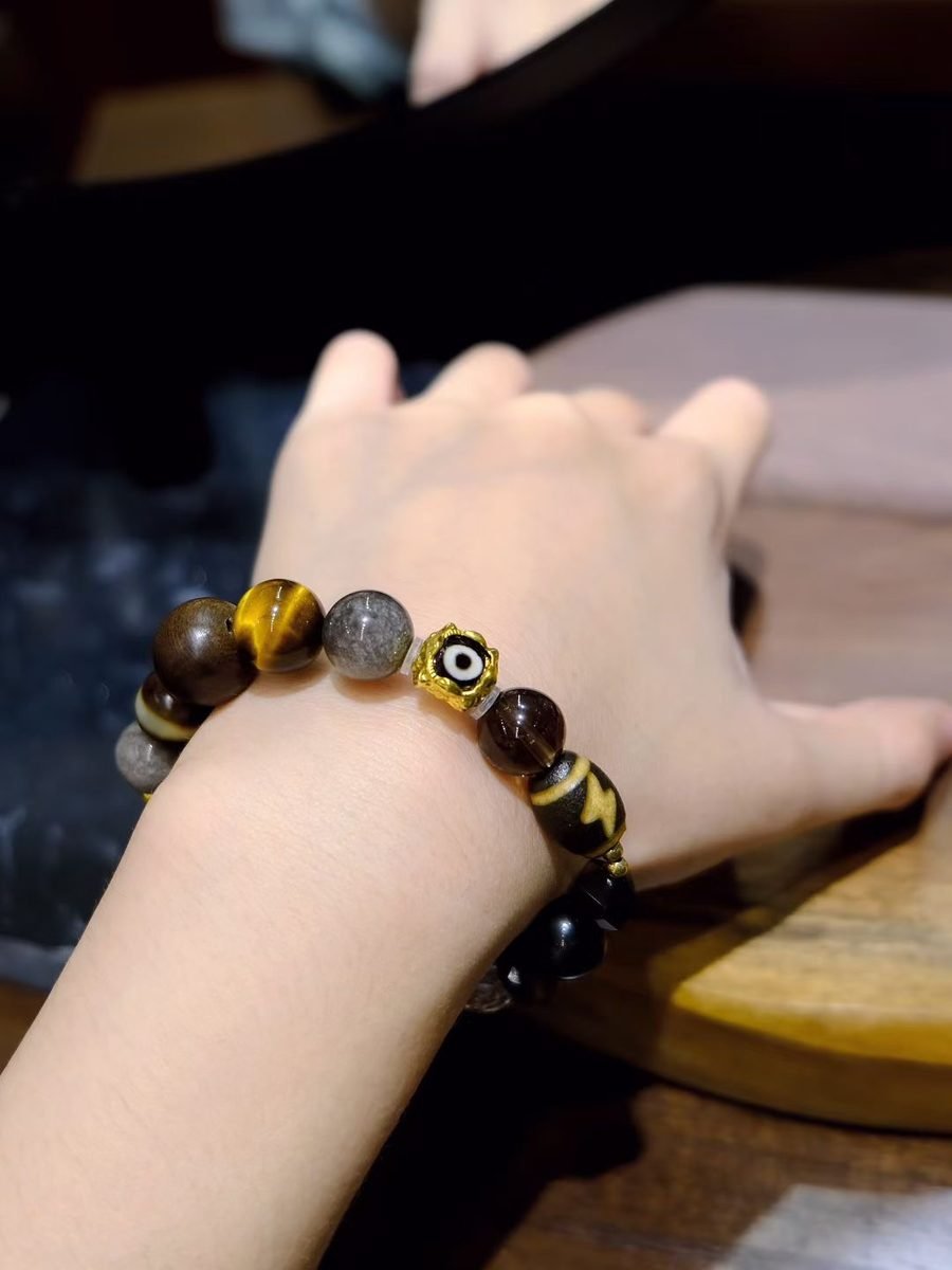 10-14mm 7 Chakra Balancing Bracelet with Black Obsidian & Smoky Quartz - Image 4