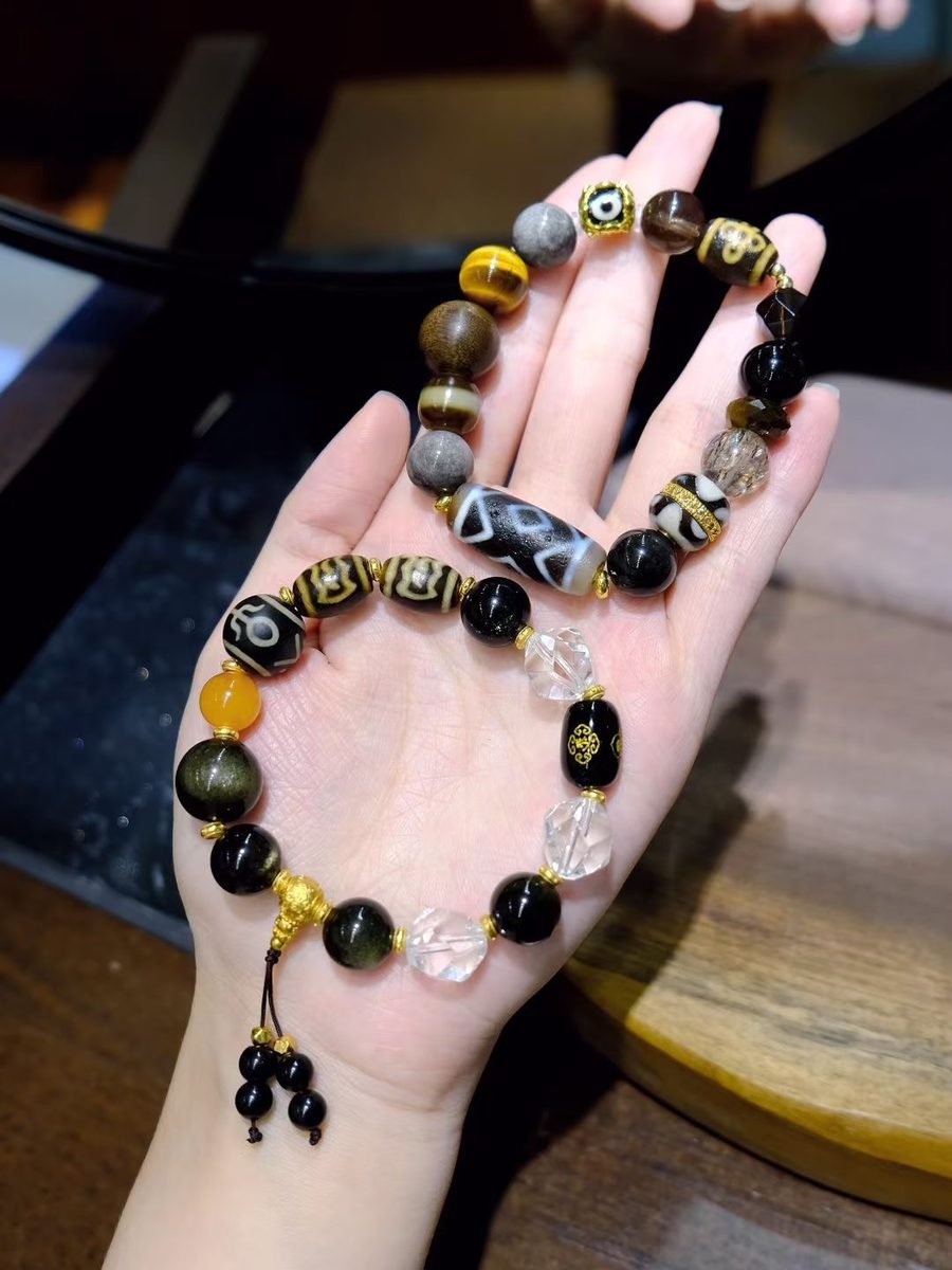 10-14mm 7 Chakra Balancing Bracelet with Black Obsidian & Smoky Quartz - Image 5