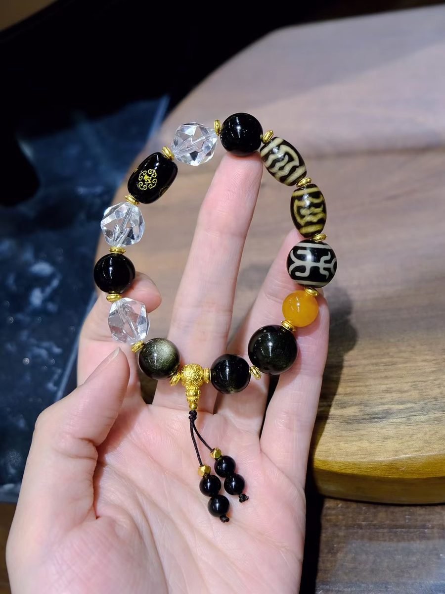 9-14mm Black Obsidian Mala with Clear Quartz & Amber