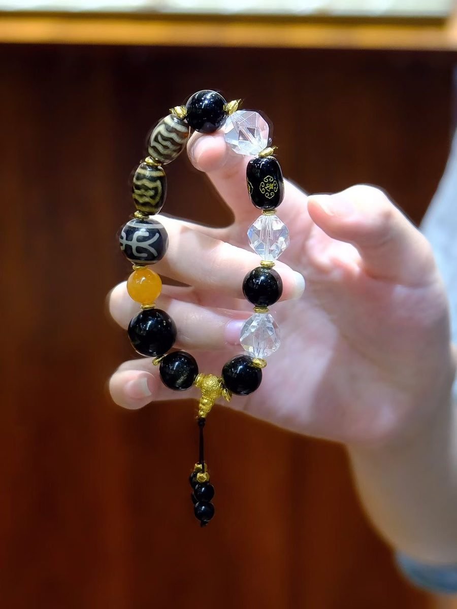 9-14mm Black Obsidian Mala with Clear Quartz & Amber - Image 2