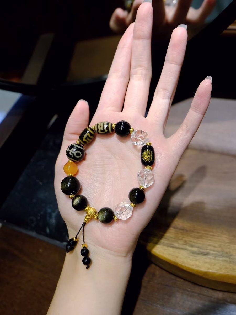 9-14mm Black Obsidian Mala with Clear Quartz & Amber - Image 3