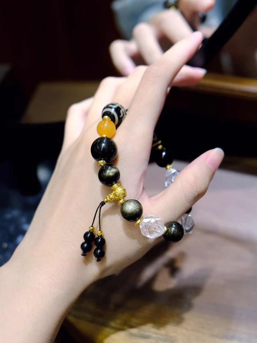 9-14mm Black Obsidian Mala with Clear Quartz & Amber - Image 4