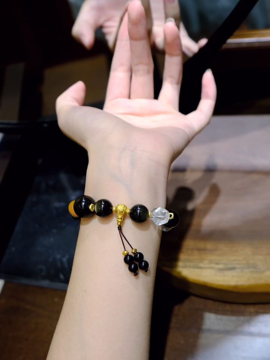 9-14mm Black Obsidian Mala with Clear Quartz & Amber - Image 5