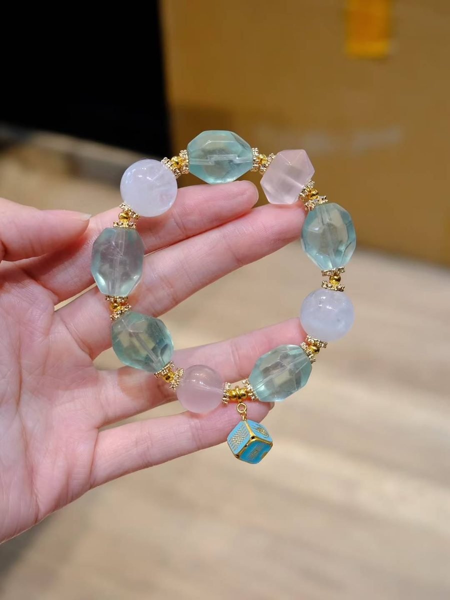 14mm Rose Quartz Baroque Bracelet with Fluorite