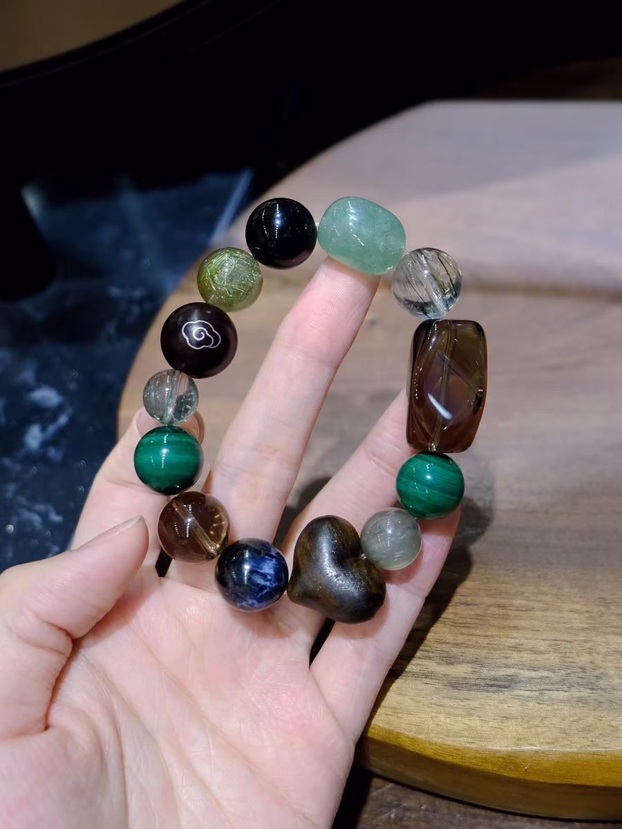 23mm 7 Chakra Balancing Bracelet with Smoky Quartz & Rutilated Quartz