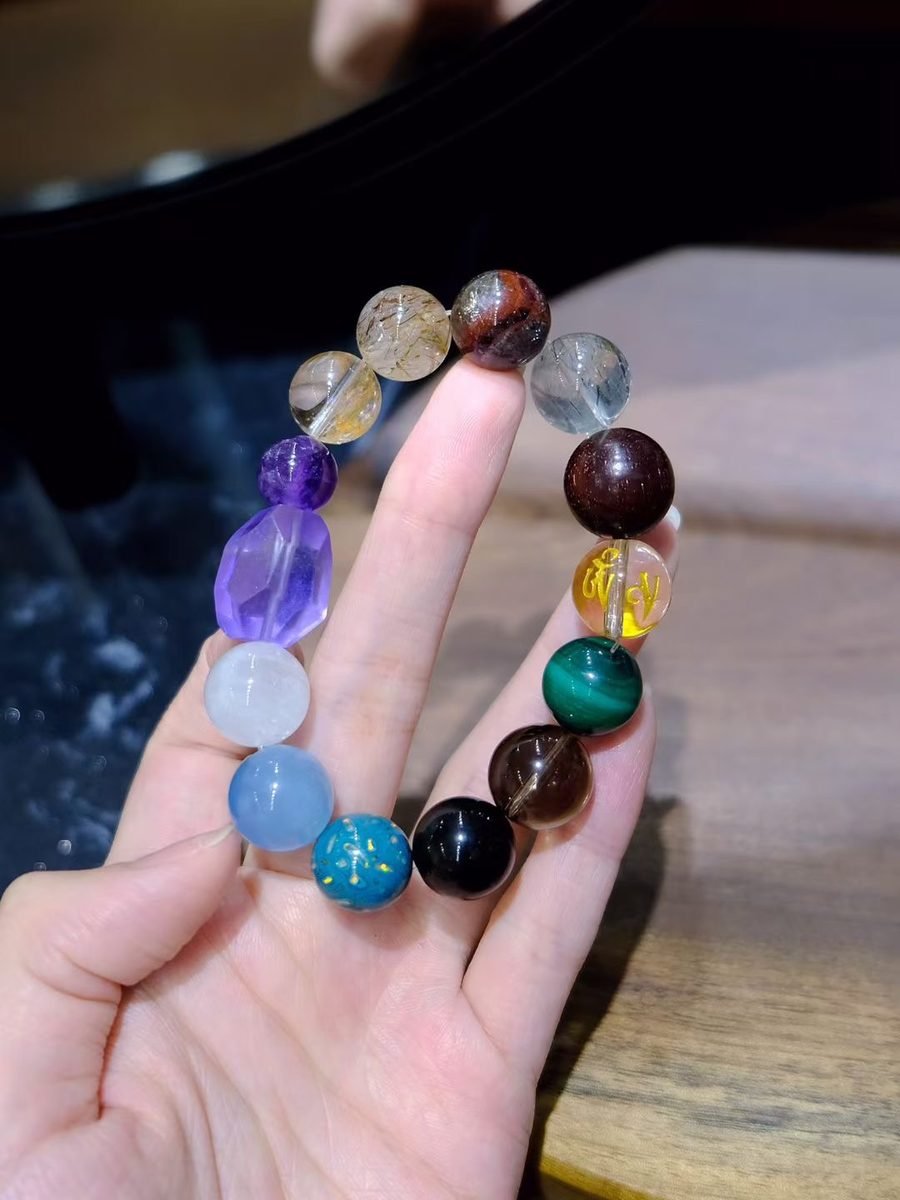 14mm 7 Chakra Balancing Bracelet with Amethyst & Fluorite