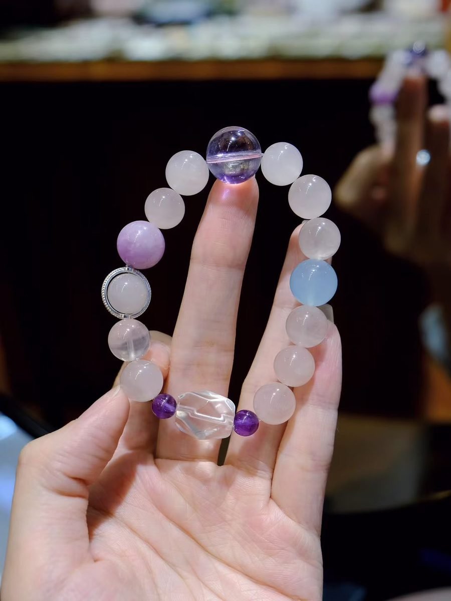 10mm Rose Quartz Bracelet with Kunzite & Aquamarine