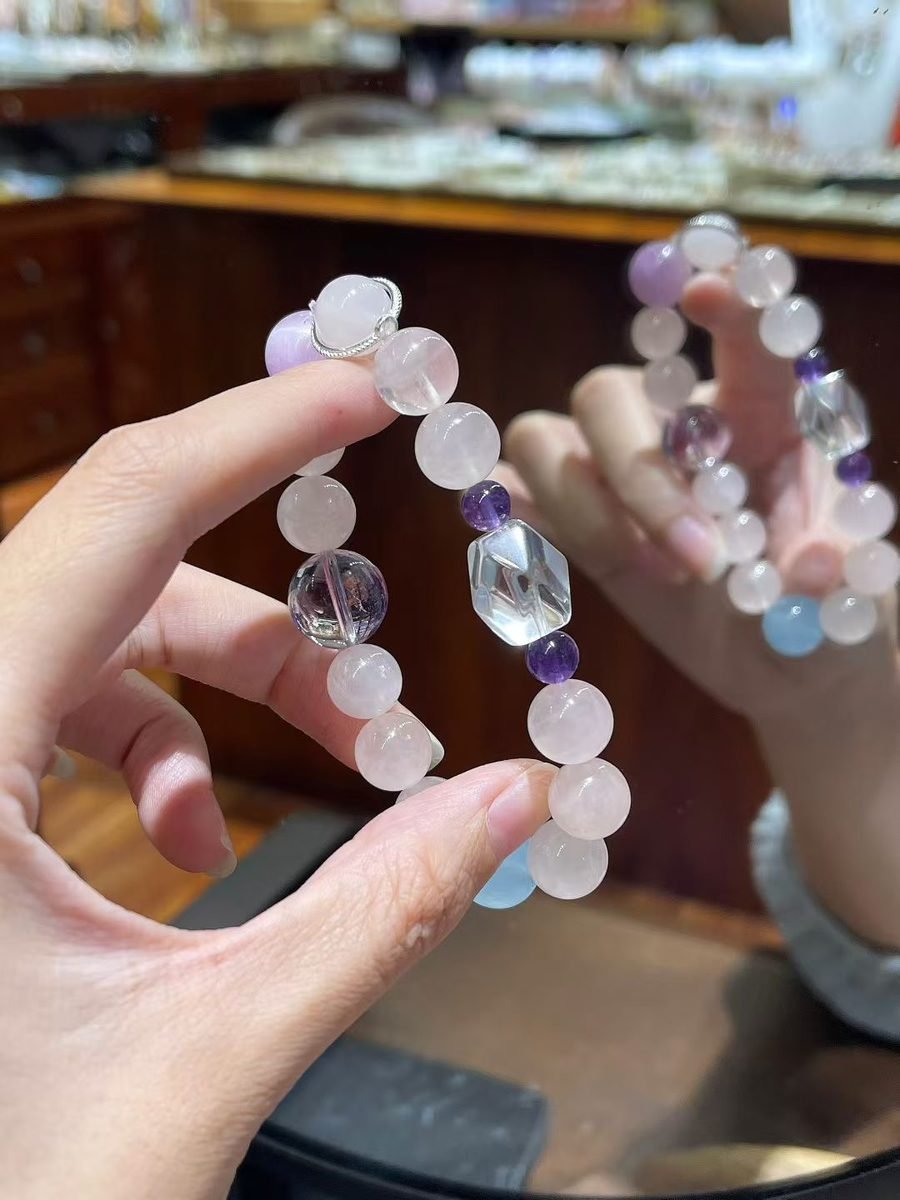 10mm Rose Quartz Bracelet with Kunzite & Aquamarine - Image 2