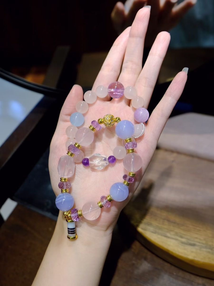 10mm Rose Quartz Bracelet with Kunzite & Aquamarine - Image 4