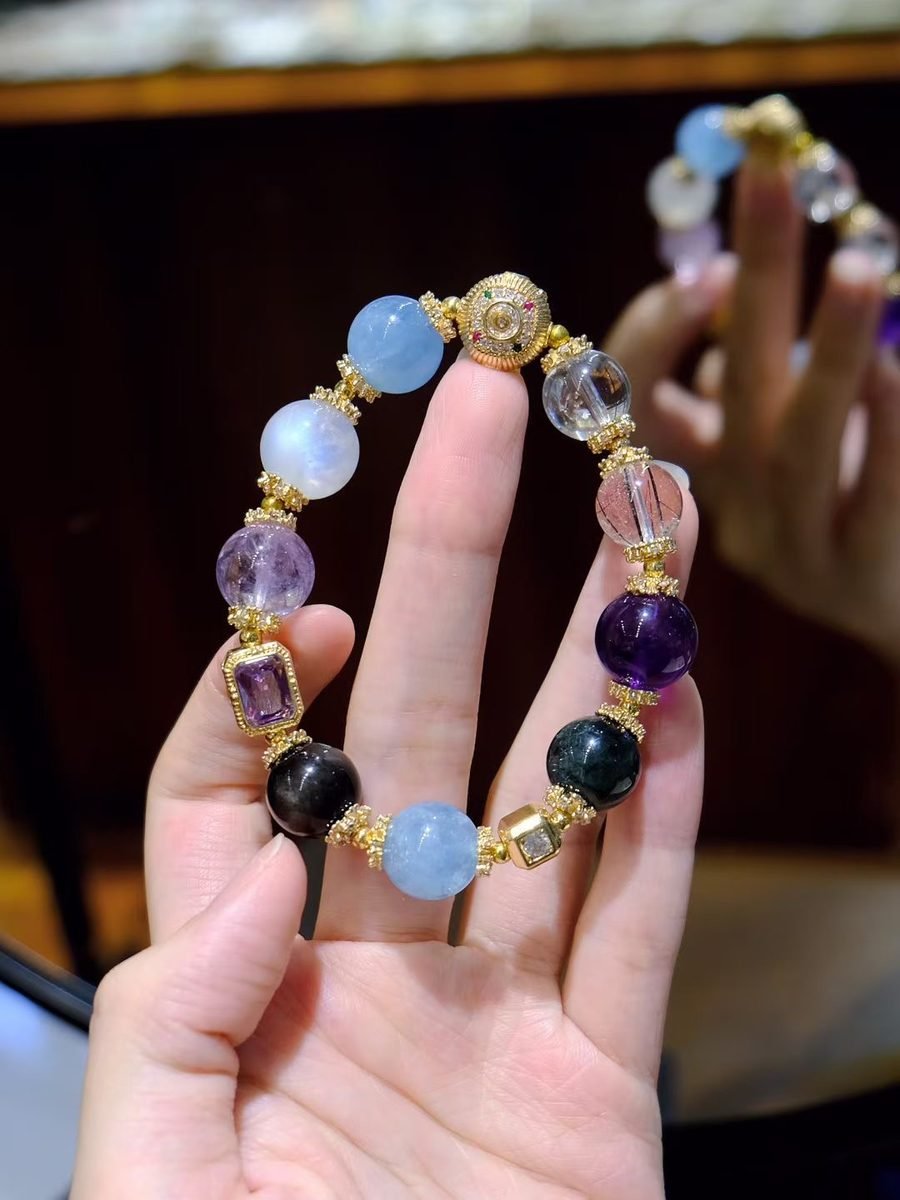 7 Chakra Balancing Bracelet with Amethyst & Rutilated Quartz — Ref. 01150